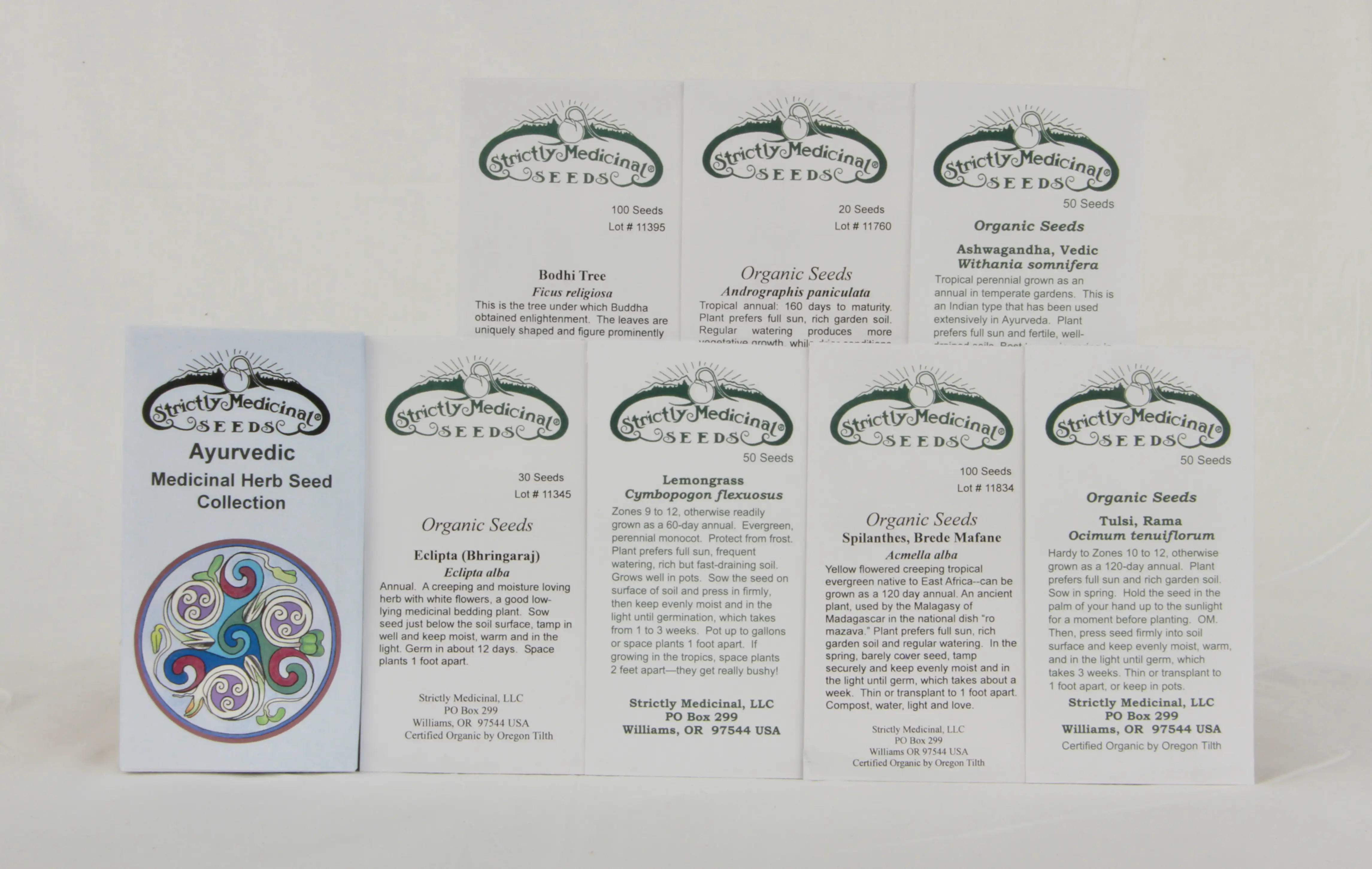Ayurvedic Medicinal Herb Seed Collection (7 packets): Bodhi Tree; Andrographis; Ashwagandha, Vedic; Eclipta, Lemongrass; Spilanthes, Brede Mafane; Tulsi, Rama