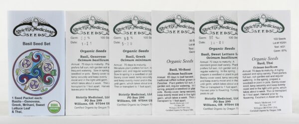 Basil Seed Set (5 packets): Genovese, Greek, Mrihani, Sweet and Thai, organic