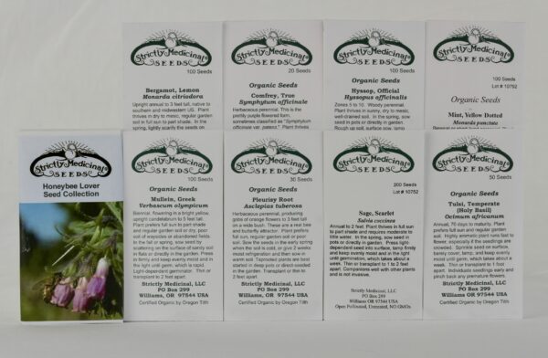 Honeybee Lover's Seed Collection (8 seed packets): Lemon Bergamot, True Comfrey, Hyssop, Greek Mullein, Common Oregano, Pleurisy Root, Scarlet Sage, Temperate Tulsi