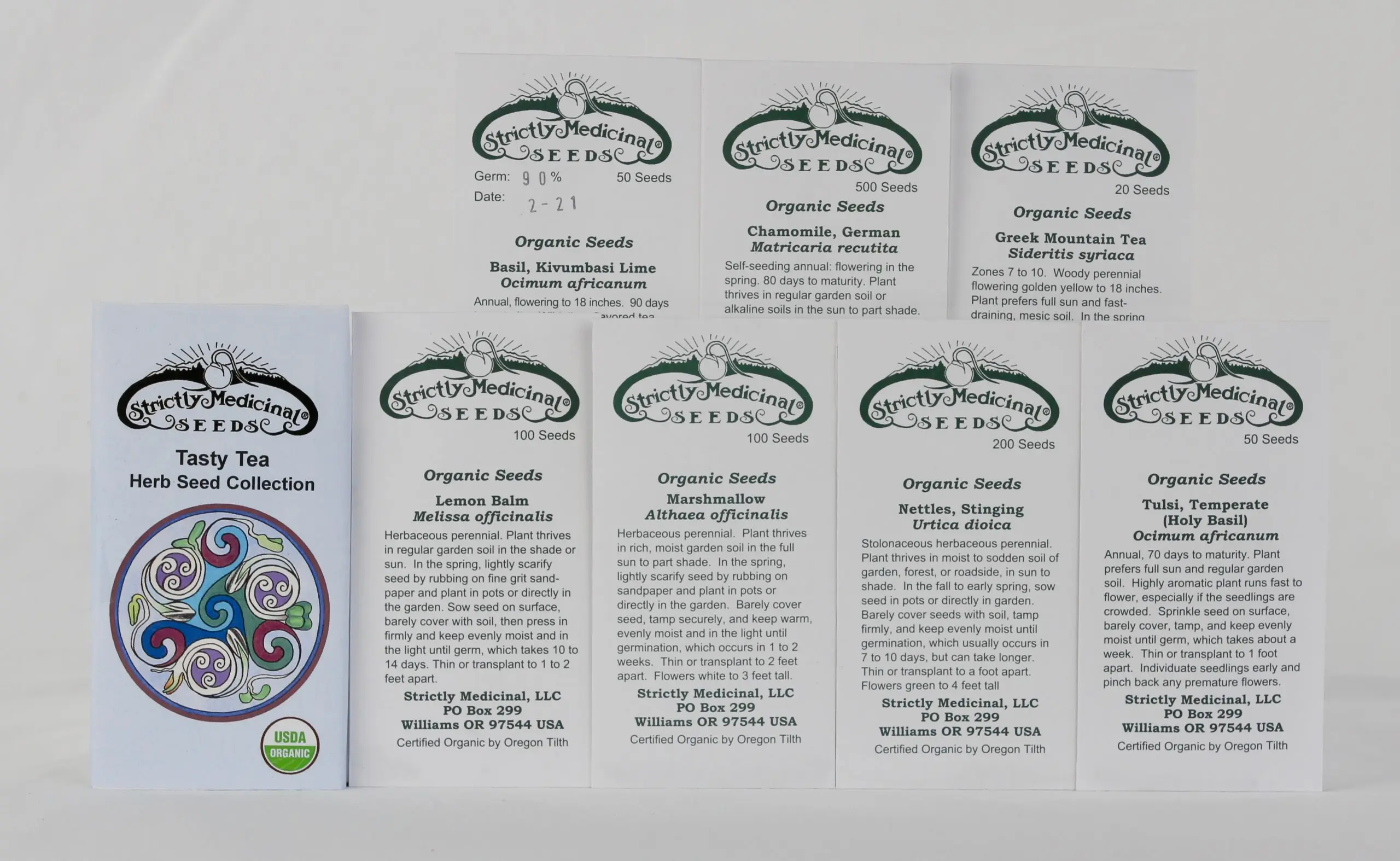 Tasty Tea Collection (7 seed packets): Basil, Kivumbasi Lime; Greek Mountain Tea; Chamomile, German; Lemon Balm; Marshmallow; Nettles; Tulsi--Temperate, organic